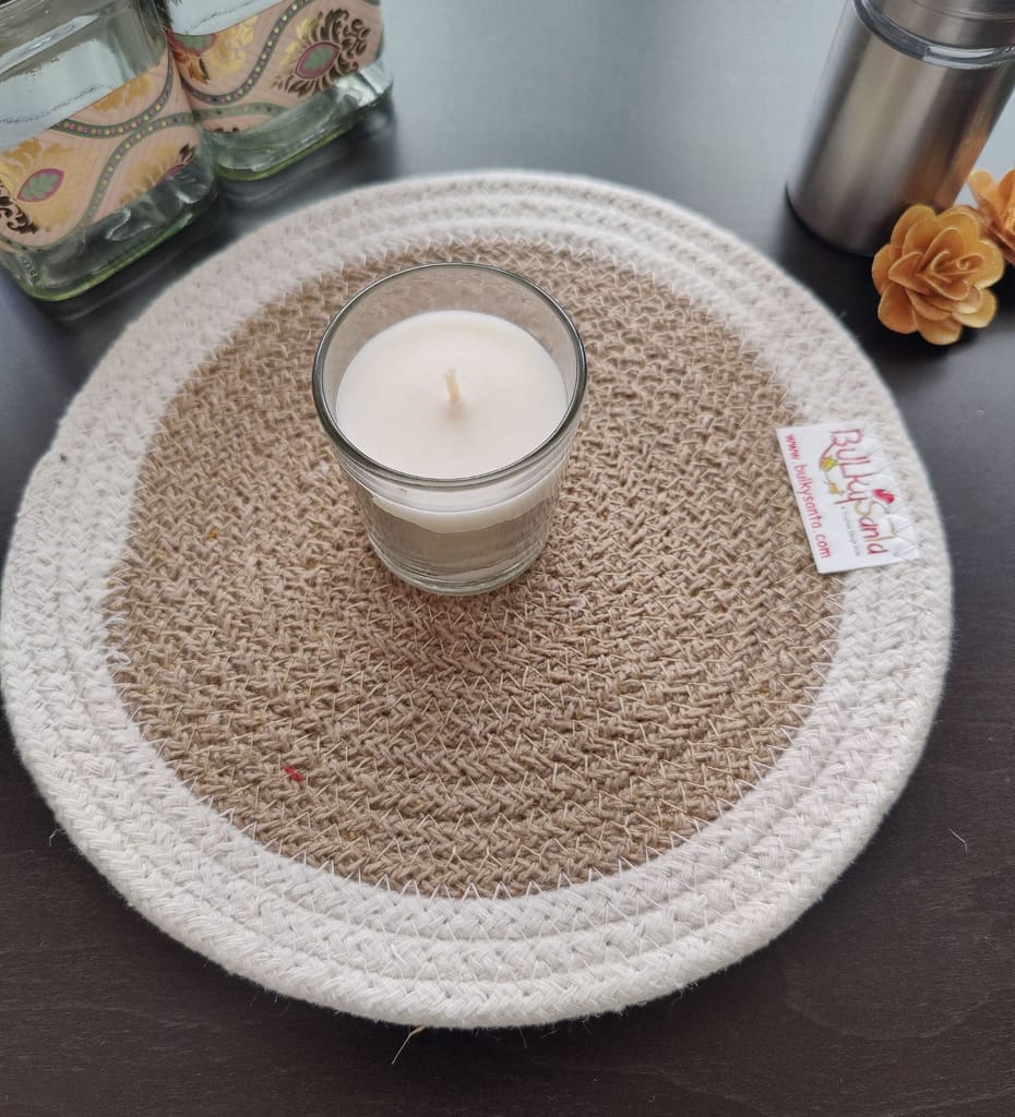 Round table mats cotton placemats (pack of 1) | Hotpads / trivets 9", Heat Resistant, Reversible Use (White - Beige) by Bulky Santa view 2