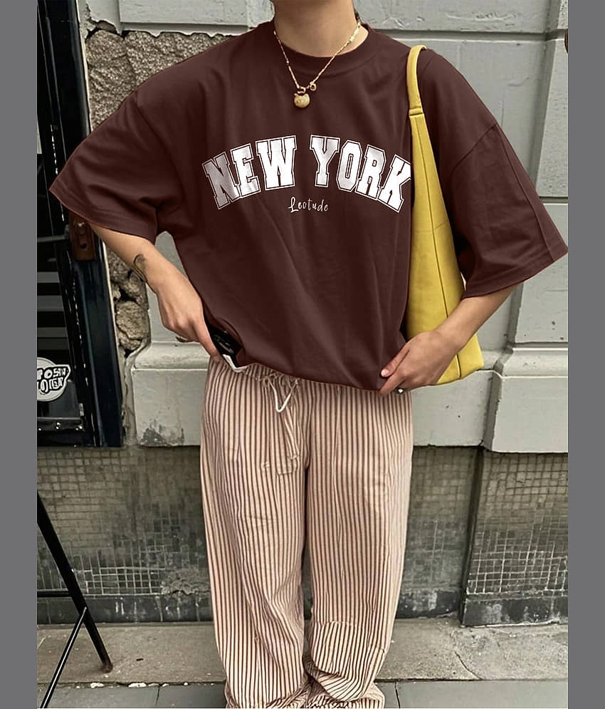 Leotude Women Cotton Blend Printed Oversized Fit Round Neck T-Shirt ( Brown ) view 2
