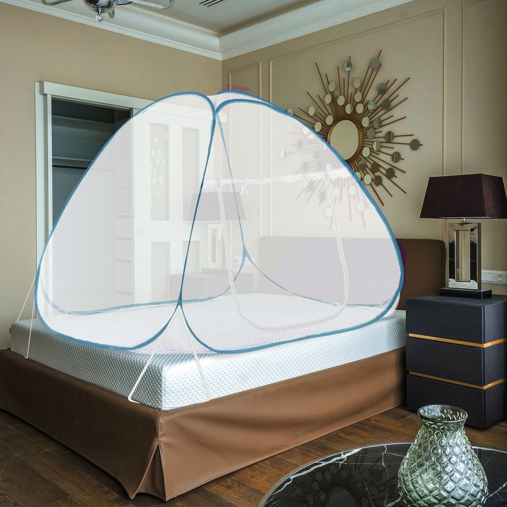 GLOBAL IMPEX Foldable Mosquito Net for King Size Double Bed – 30 GSM Polyester Machardani with Rustproof PVC Coated Steel Frame – Easy Setup for Home Use (White & Blue) view 2