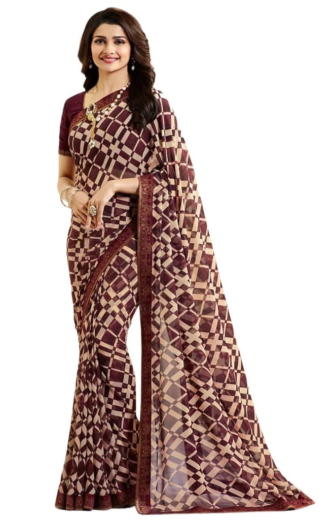 HHK Fashion Women's Printed Georgette 5.5 Meter Saree with Unstitched Banglori Silk Blouse Piece (Brown)