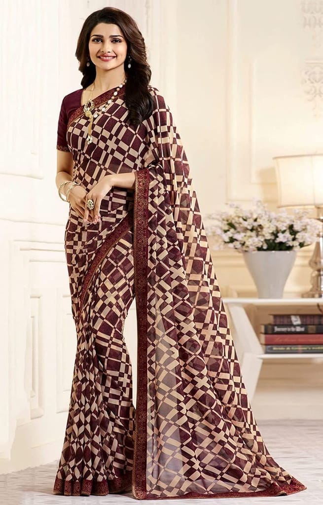HHK Fashion Women's Printed Georgette 5.5 Meter Saree with Unstitched Banglori Silk Blouse Piece (Brown) view 2