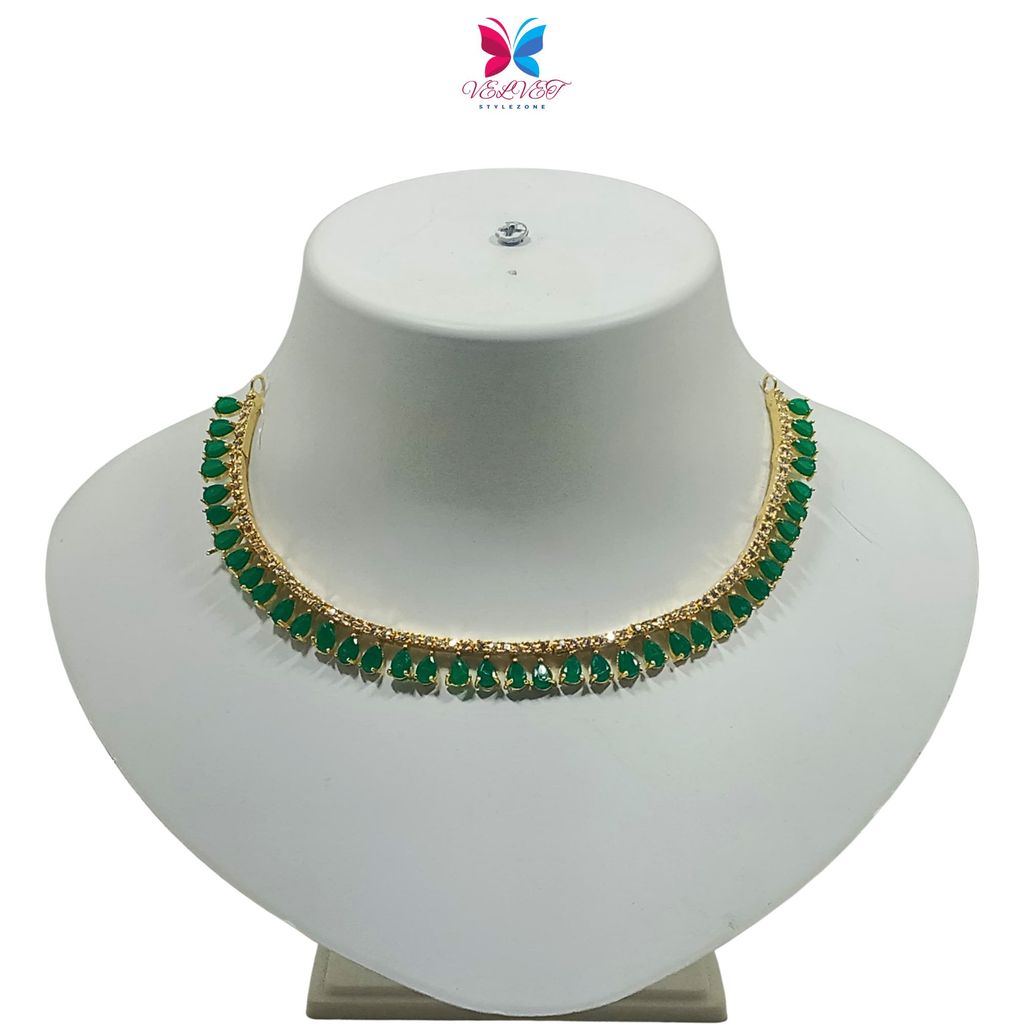 VELVET Luxury Handcrafted Gold Plated Necklace Set, White AD, Green Stone view 2