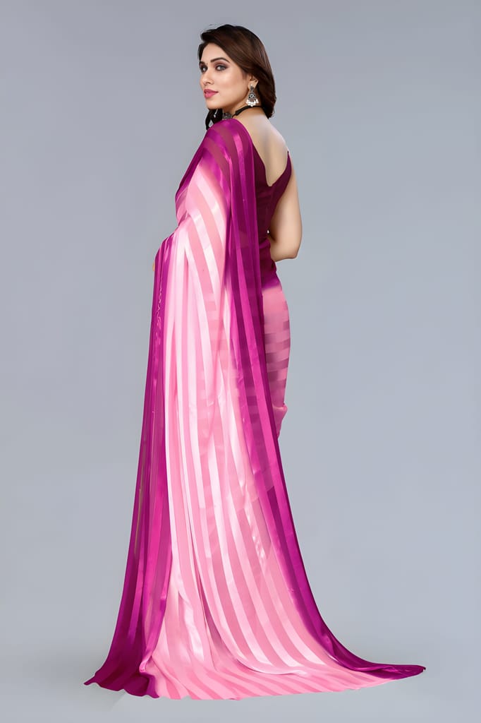 WUGO Women's Pink & Magenta Striped Organza Saree | Elegant Party Wear, Wedding, Festive & Designer Saree with Unstitched Blouse Piece view 2
