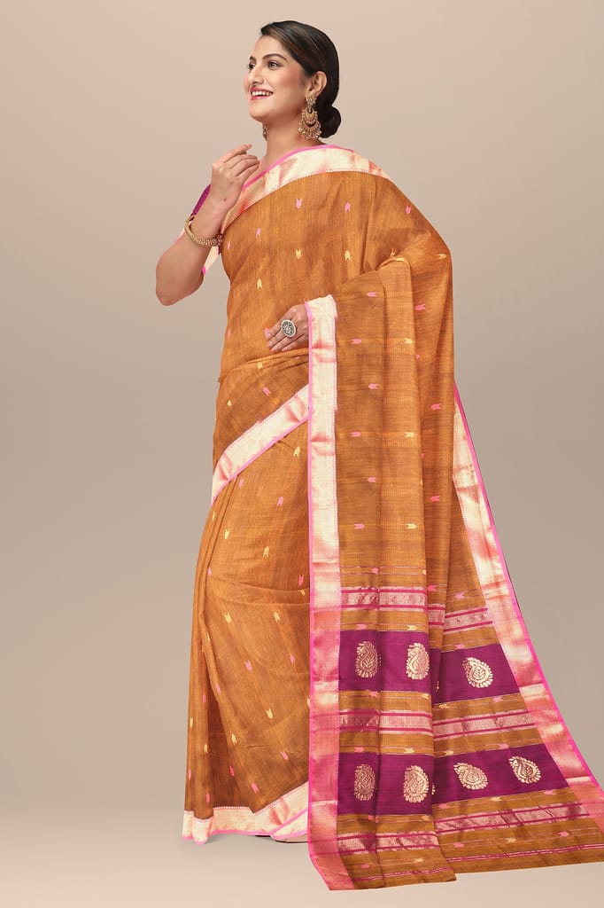 Mustard Yellow Buti Handwoven Sausar Silk with Zari Border and Carry Buta Palla Saree SKU- BS10128 view 2
