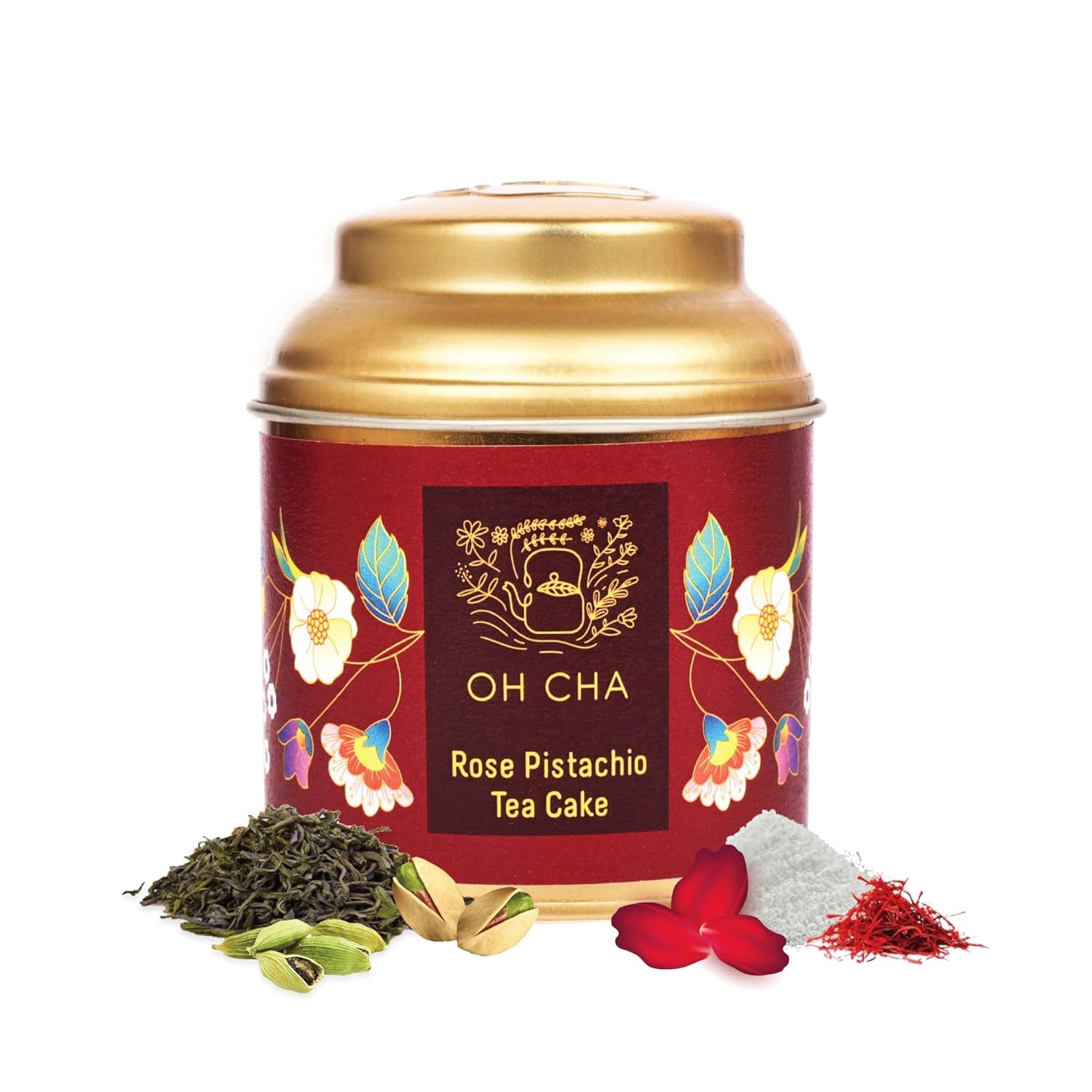Oh Cha Rose Tea Pistachio | Rose Green Tea with Kashmiri Saffron, Sun-dried Natural Rose Petals, Pistachio, Cardamom & Stevia leaves | Natural Care Tea for Glowing Skin & Hair, 35 gm view 2