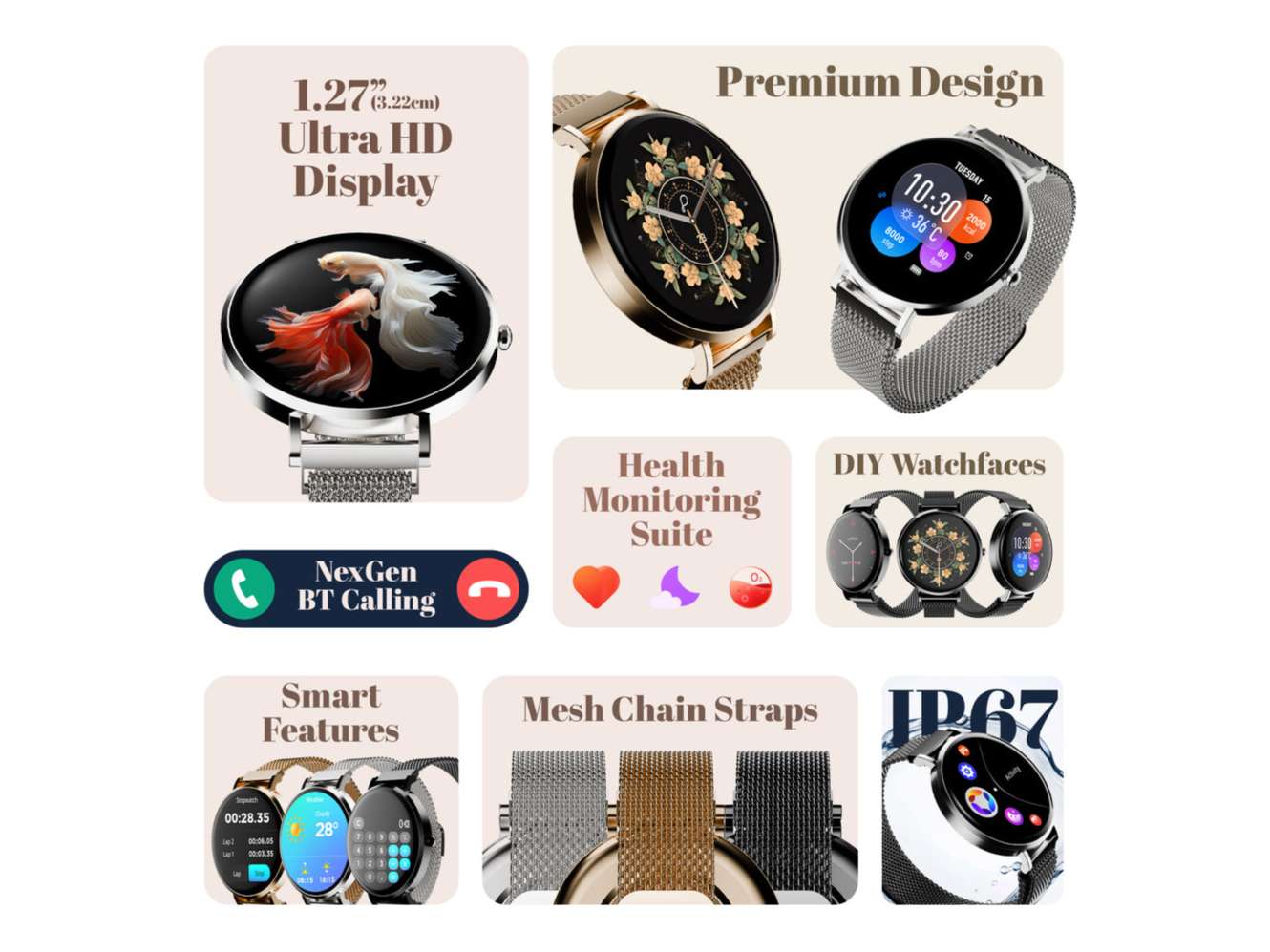 Pebble Ivy 1.27 HD Display Smartwatch with Bluetooth Calling, Female Health Monitoring, DIY Watch Faces, Voice Assistant, Premium Metal Strap - Raven Black view 2