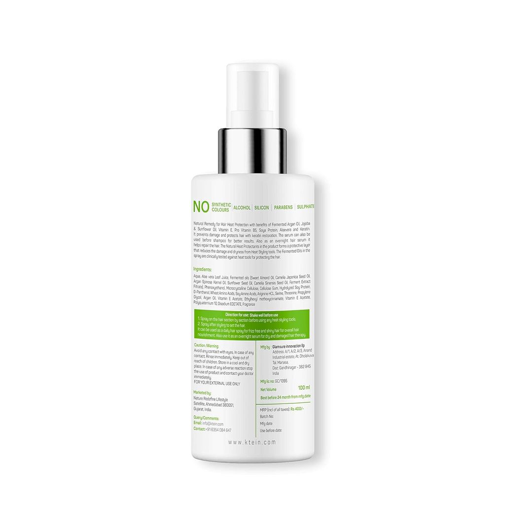 Ktein All in 1 Natural Hair Heat Protection Spray with Fermented Argan Oil, Vitamin E, Pro Vitamin B3 and Plant Based Keratin, 100ml view 2