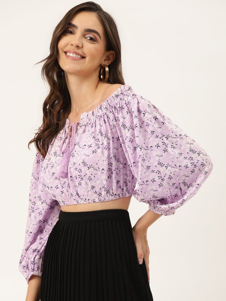 Lavender & White Floral Print Off-Shoulder Blouson Crop Top view 2