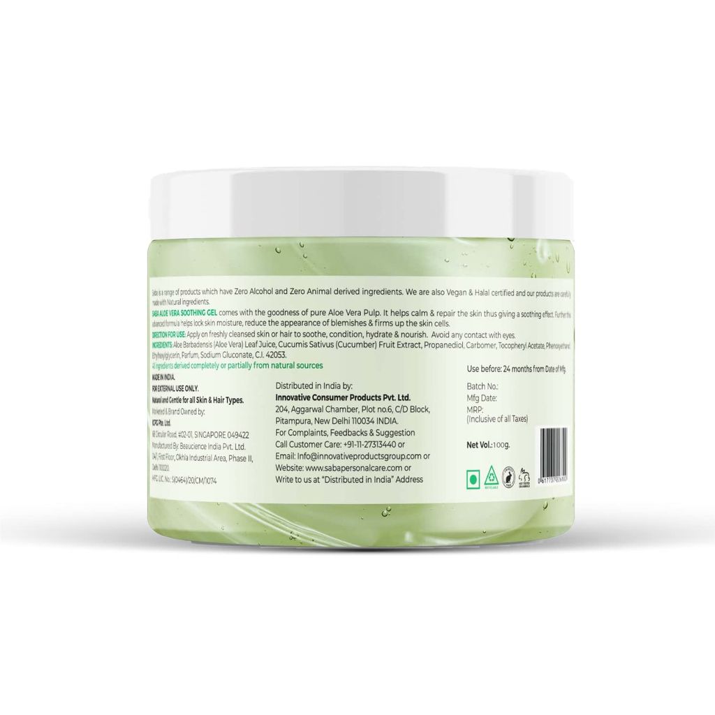 Saba Pure Aloe Vera Gel Enriched With Vitamin E for Acne, Scars, Glowing & Radiant Skin, Moisturization, after sun, Hair application, Natural Face care, 100gm view 2