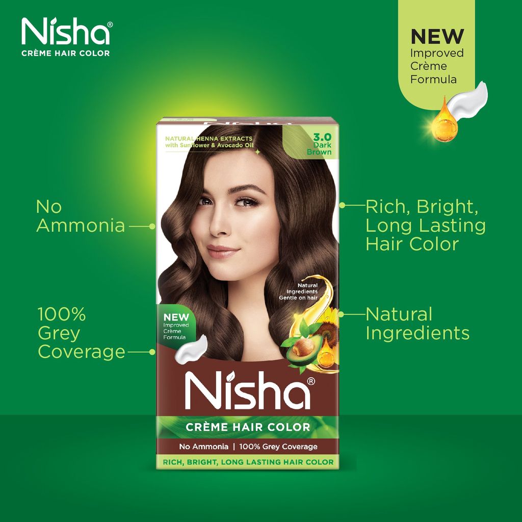 Nisha Creme Hair Color Dark Brown 60g Pack of 2, Permanent Hair Colour, No Ammonia, 100% Grey Coverage view 2