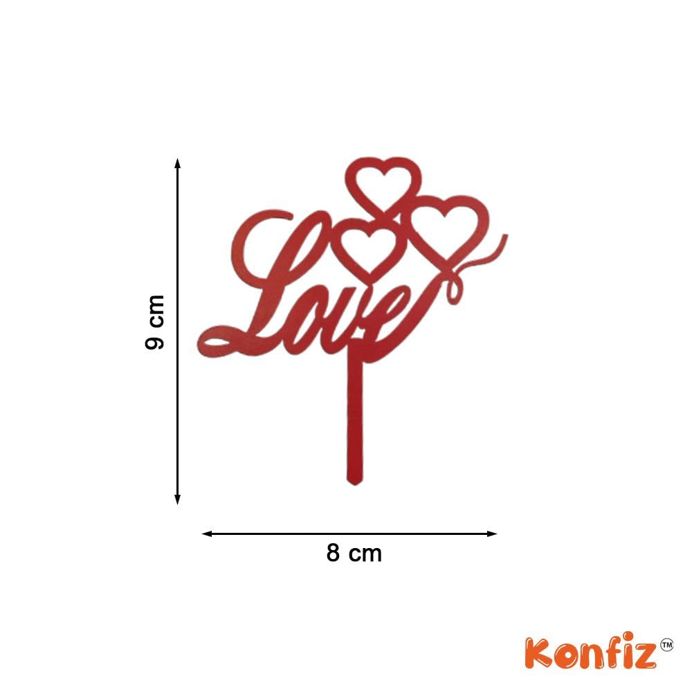 Romantic & Couple MDF Cake Topper/Cake Decoration For Anniversary & Wedding (Red, 3 Pcs Topper) view 2