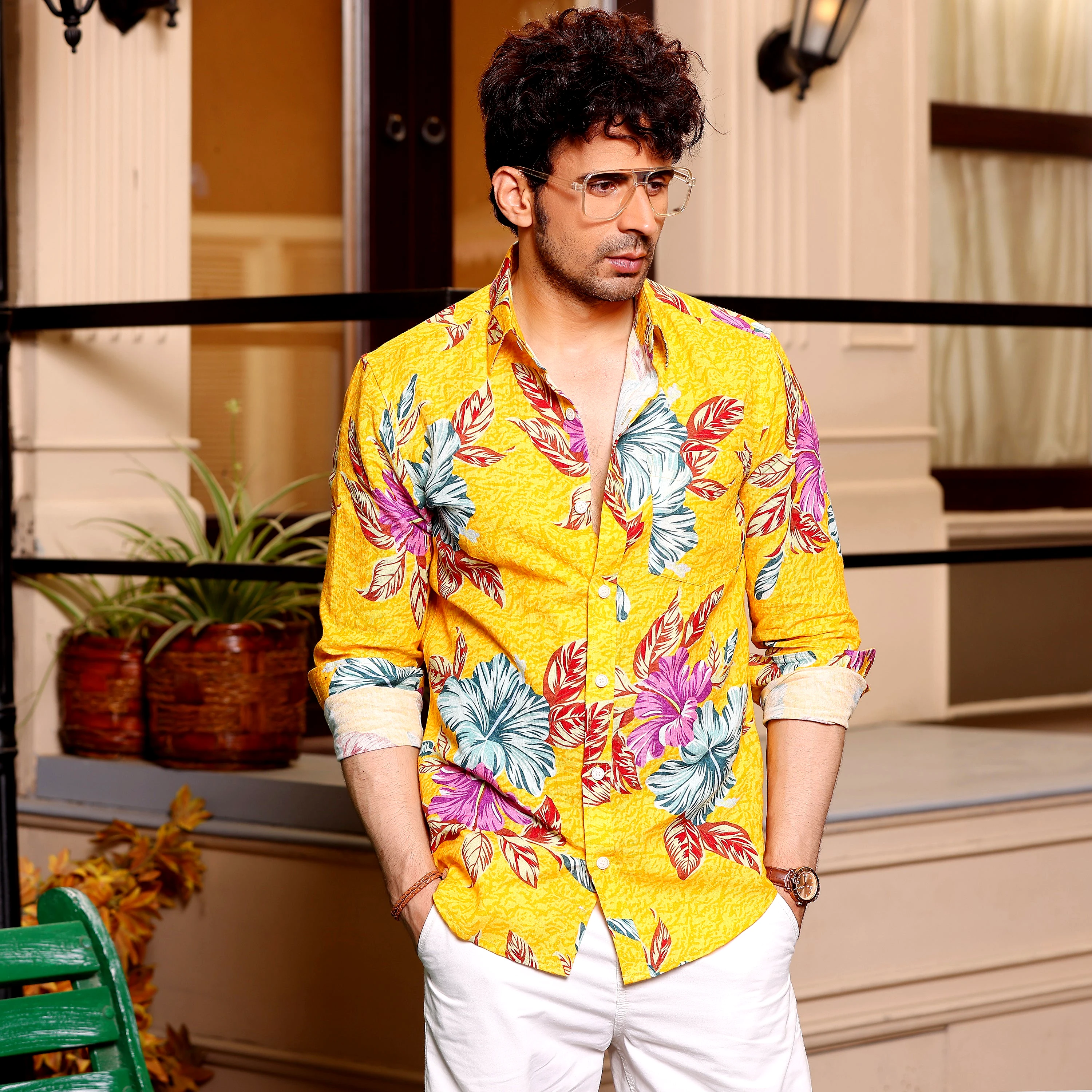 Hibiscus Flower Sunglow Yellow Casual Pure Linen Full Shirt (Size - XL) by BLUE EAGLE view 2