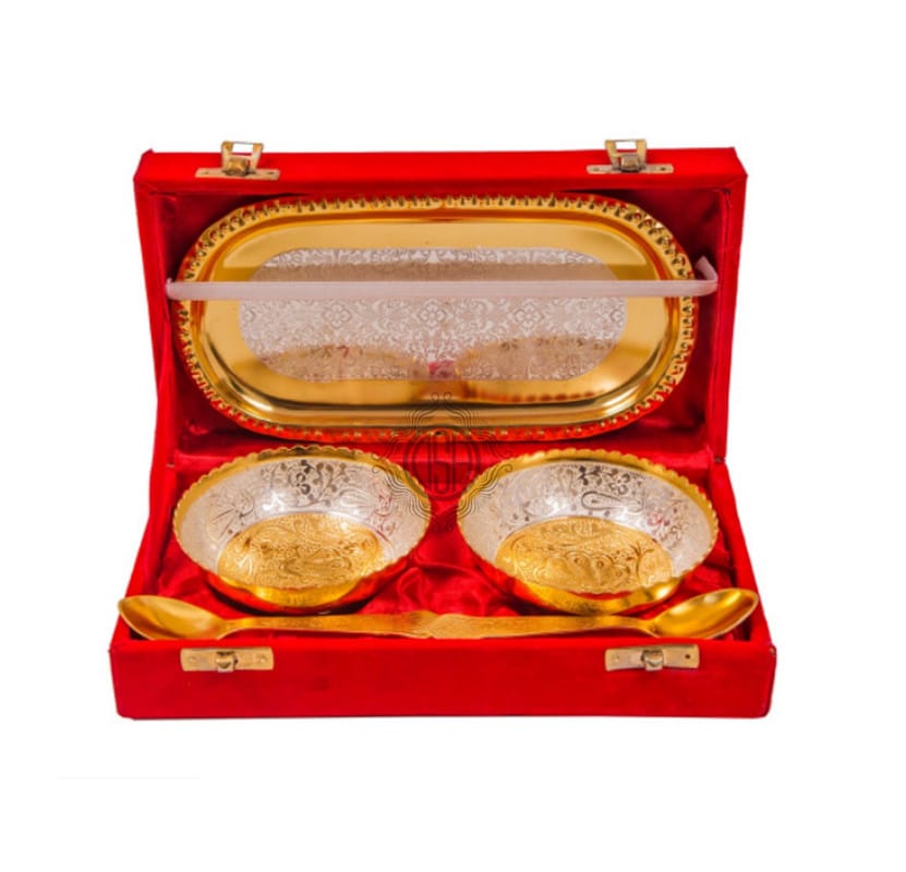 Silver and Gold Plated Snacks and Dessert Bowl with Spoon and Tray Set for Home Decor Item with Velvet Box view 2