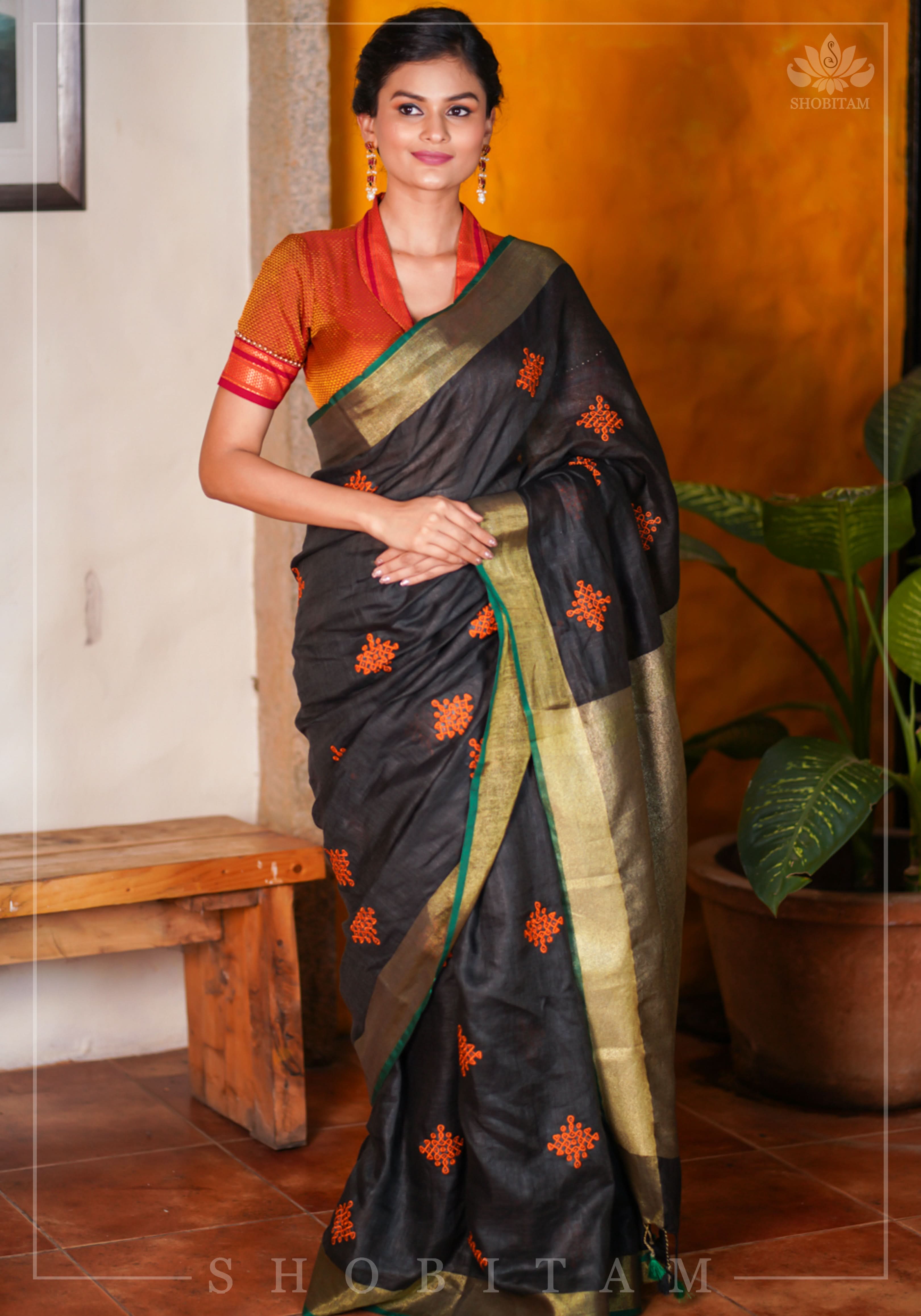 Black Linen by Linen Saree with Vermillion Rangoli Embroidery view 2