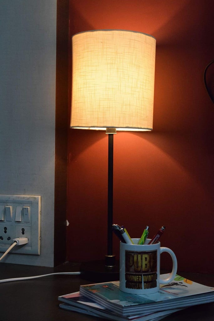 LIGHT ANGLE Handmade Round Fabric Shade Metal Base Night Bedside Table Lamp (Beige) view 2