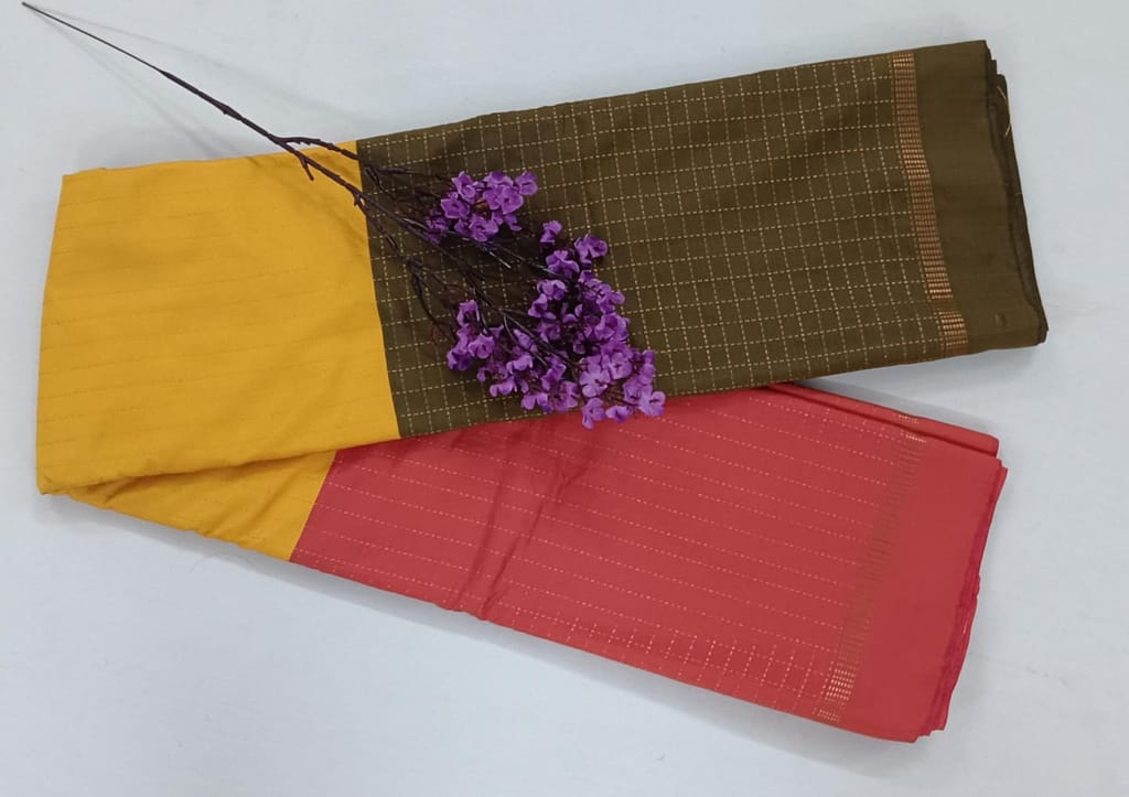 Noil silk Checked border saree mutard yellow and olive green color view 2