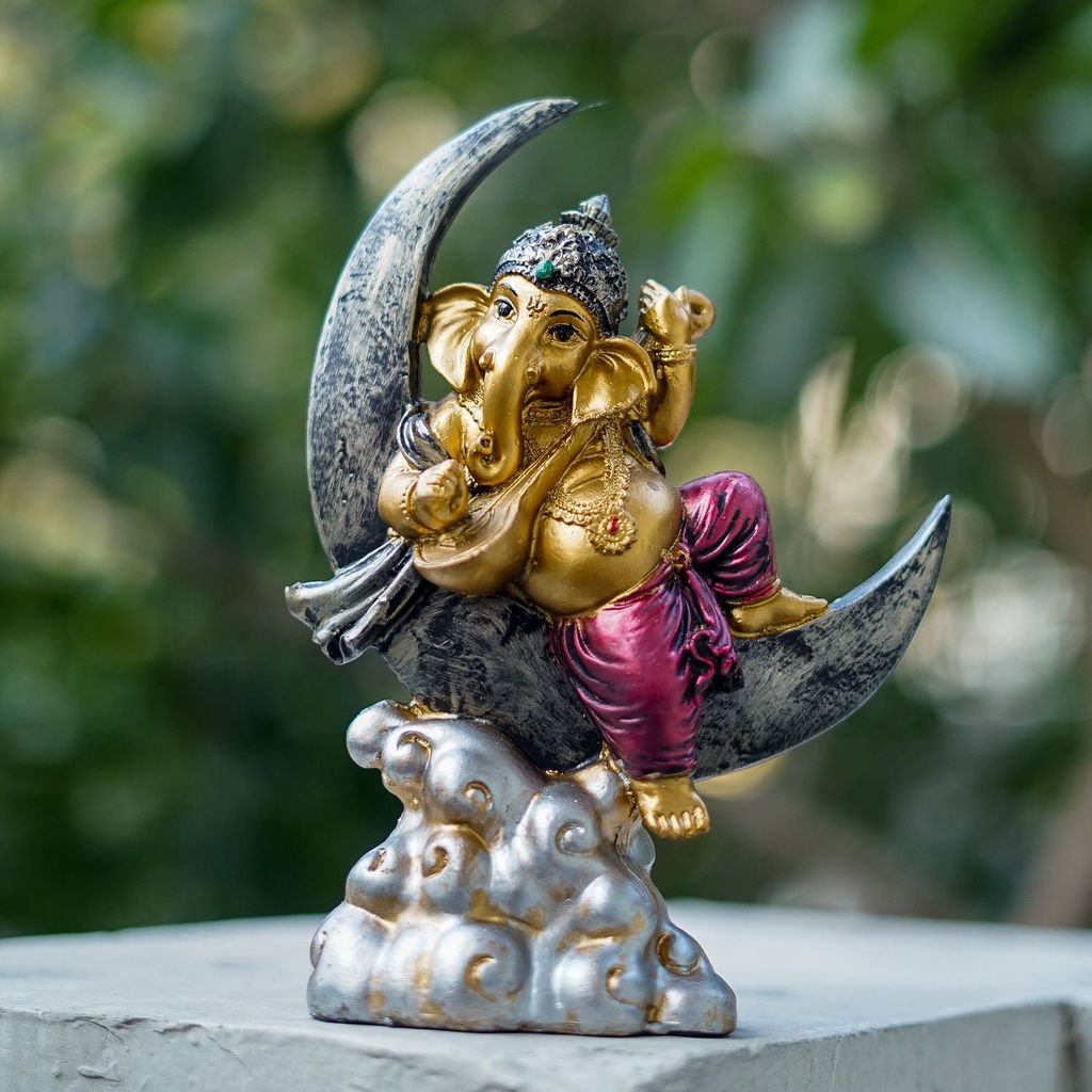 Craftlayout Resin Ganesha Idol Sitting On Moon & Playing Sitar 20 Cm view 2