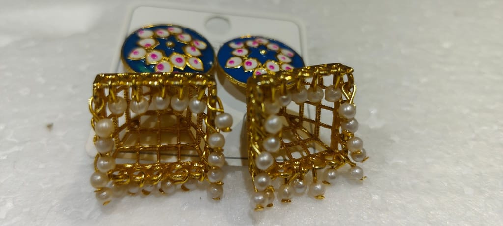 Blue Enameled Kundan and Pearl Jhumka Earrings view 2