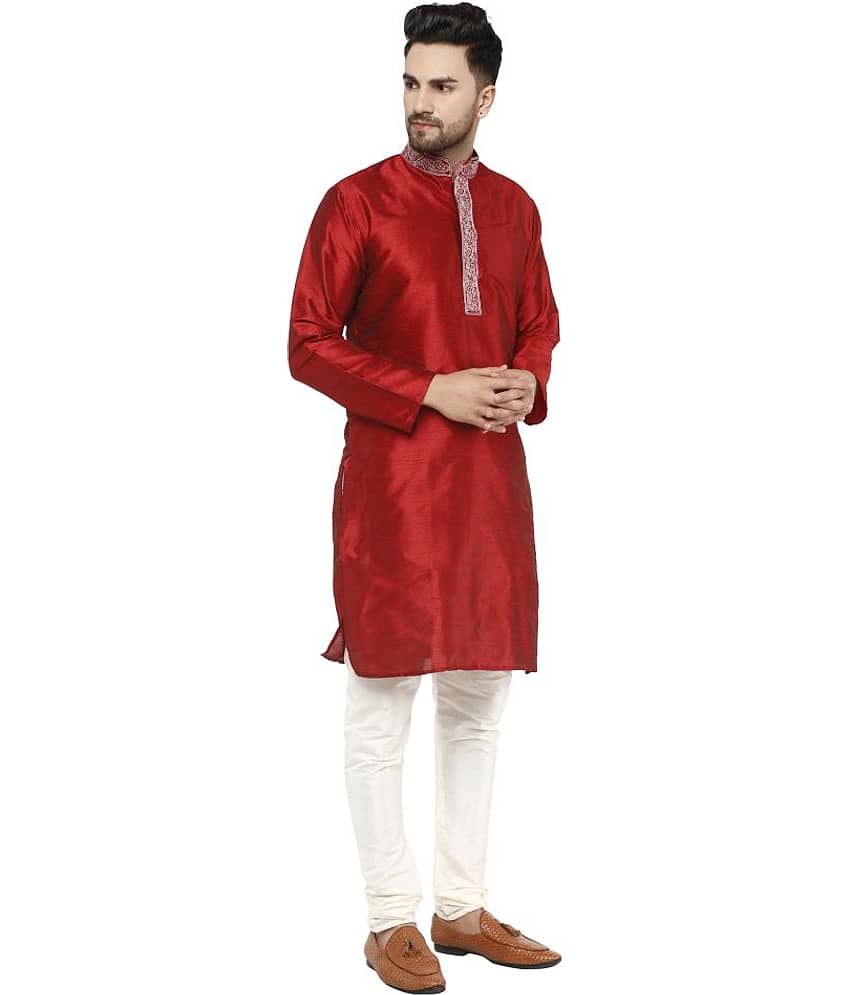SKAVIJ Red Silk Blend Kurta Pyjama Set view 2