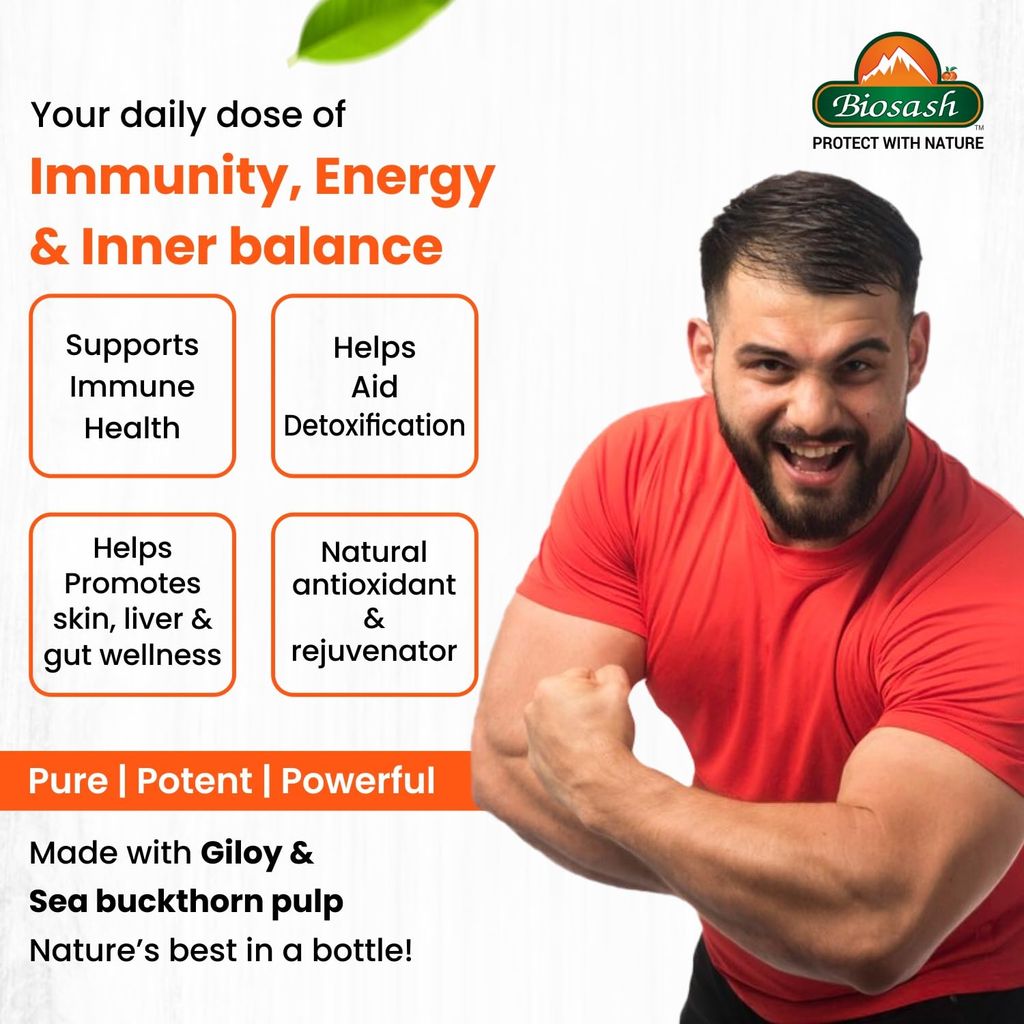 Biosash Seabuckthorn Giloysash Juice 250ml | Pure Sea Buckthorn Juice with Giloy & Berry Pulp | Rich in Omega 3 6 7 9 | Helps in Skin & Hair Health, Liver Detox, Immunity Vitality & Overall Wellness view 2