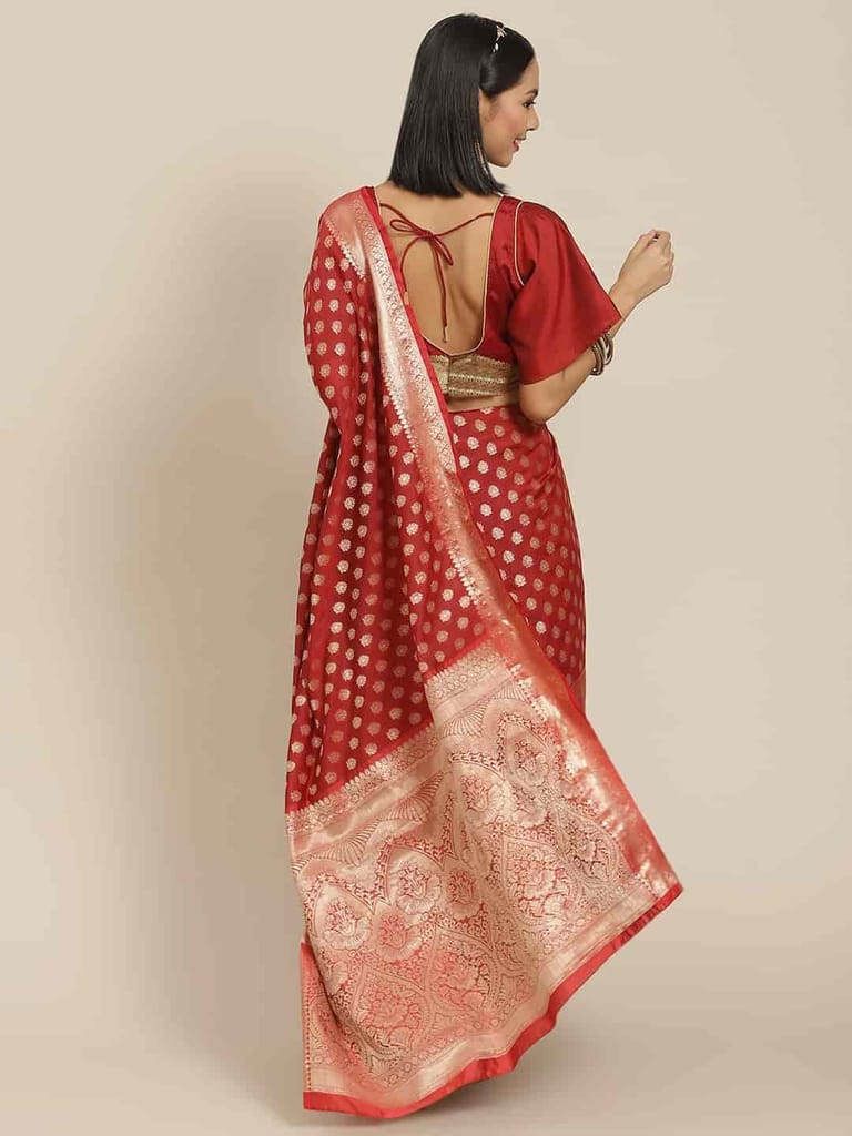 Women's Red Gold Toned Kanjiwaram Woven Silk Saree with unstiched blouse piece view 2