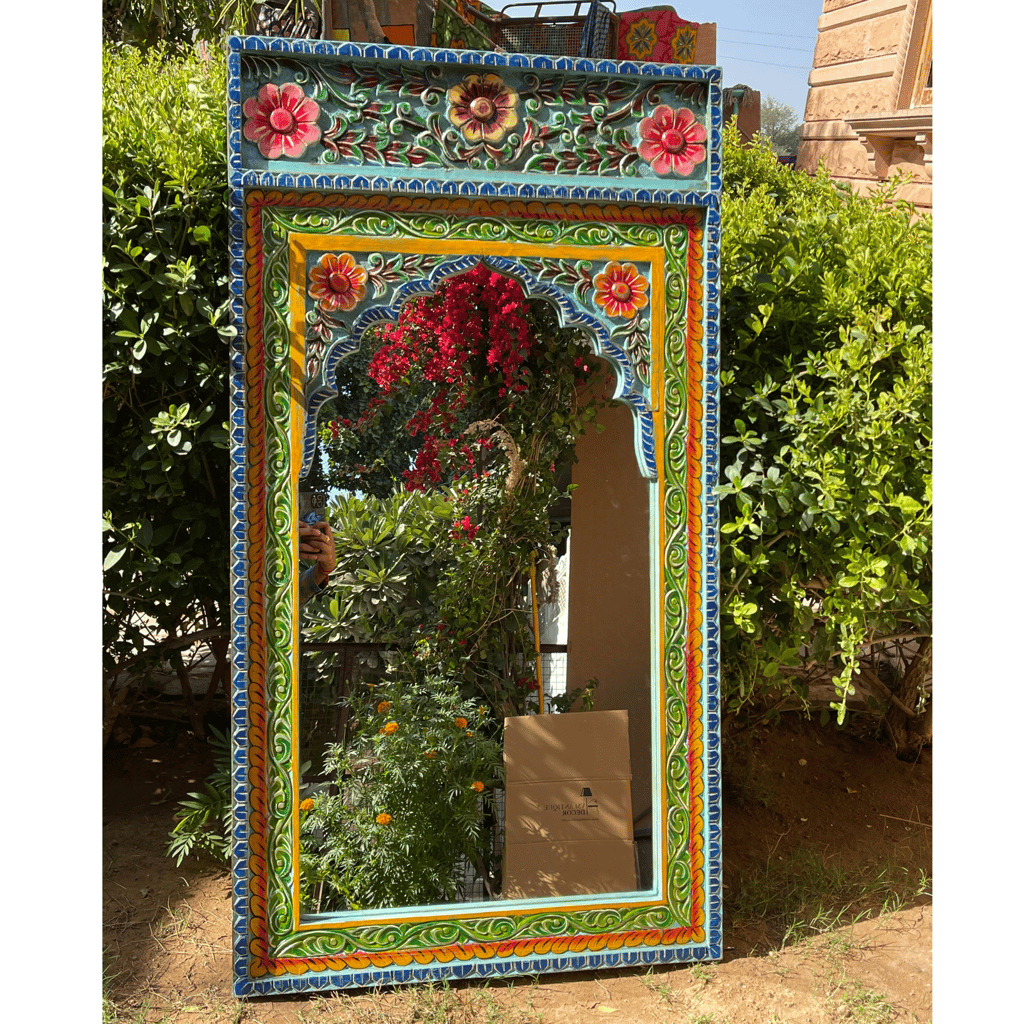 Hand-Painted Wooden Carved Mirror Living Room Decor view 2