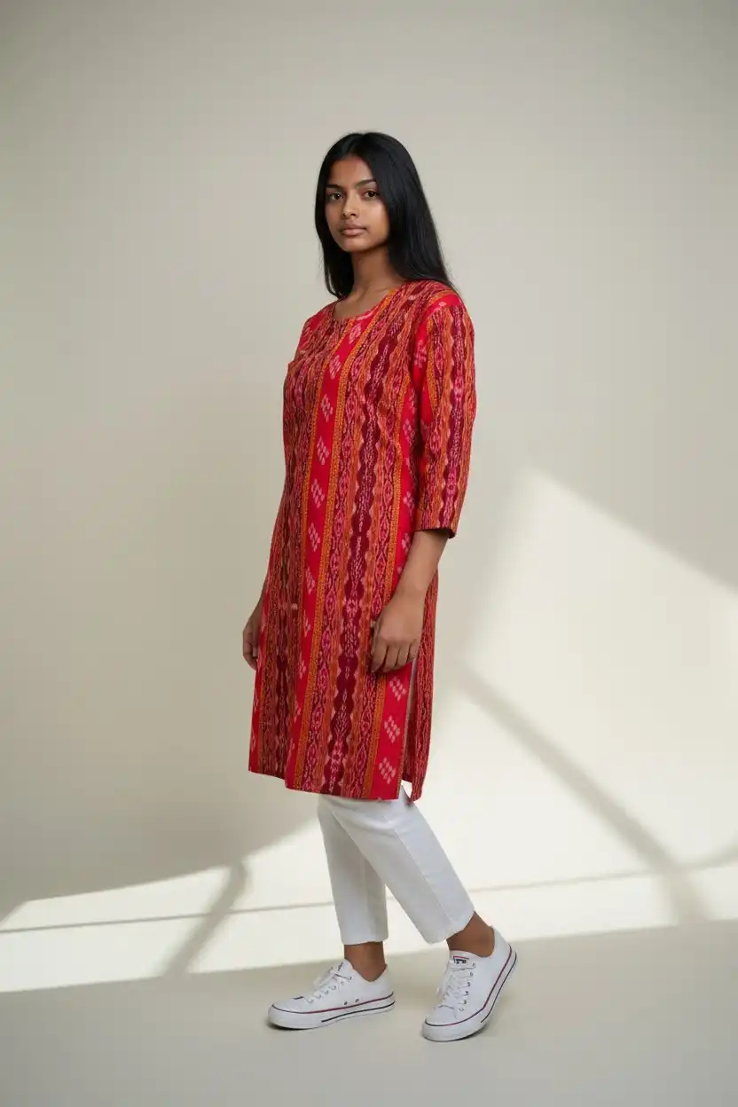 Sambalpuri Ikat Ornate Crimson-Odisha Handloom Cotton Kurti view 2