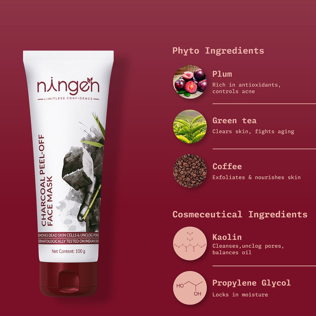 Ningen Charcoal Peel-Off Face Mask I Goodness of Plum, Green Tea, Coffee Extracts I Irritation Free, Paraben Free I Removes Dirt, Toxins and Impurities I 100g view 2