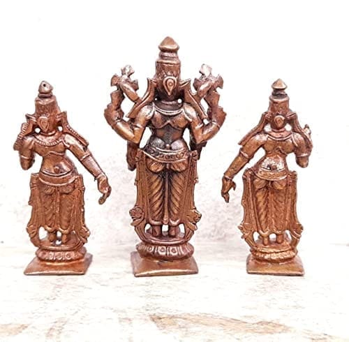 Searchers Paradise - Copper Idols Srinivasa Perumal with Sridevi and bhudevi,2.8 inches, Copper Handmade 200 Grams, Patina Antique Finish, Pack of 1 Piece view 2