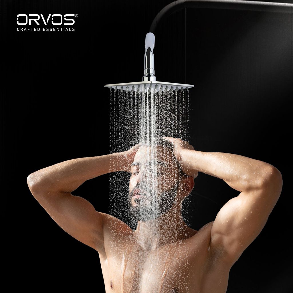 Orvos Overhead Shower, Kosi, modern curved design, with touch clean nozzles, Hiqh quality Stainless Steel, with salt tested chrome plating, 8x8 inches, for high end luxury bathrooms