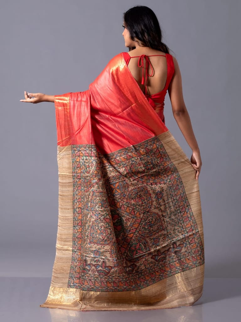 Red Tussar Silk Saree with Madhubani Inspired Pallu view 2