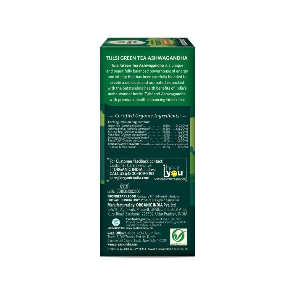 A TATA Product - Organic India Tulsi Green Tea Ashwagandha - 25 Tea Bags, Revitalizing Blend with Tulsi, Ashwagandha & Green Tea, Naturally Sourced Ingredients, Staple-Free Tea Bags Certified Organic view 2