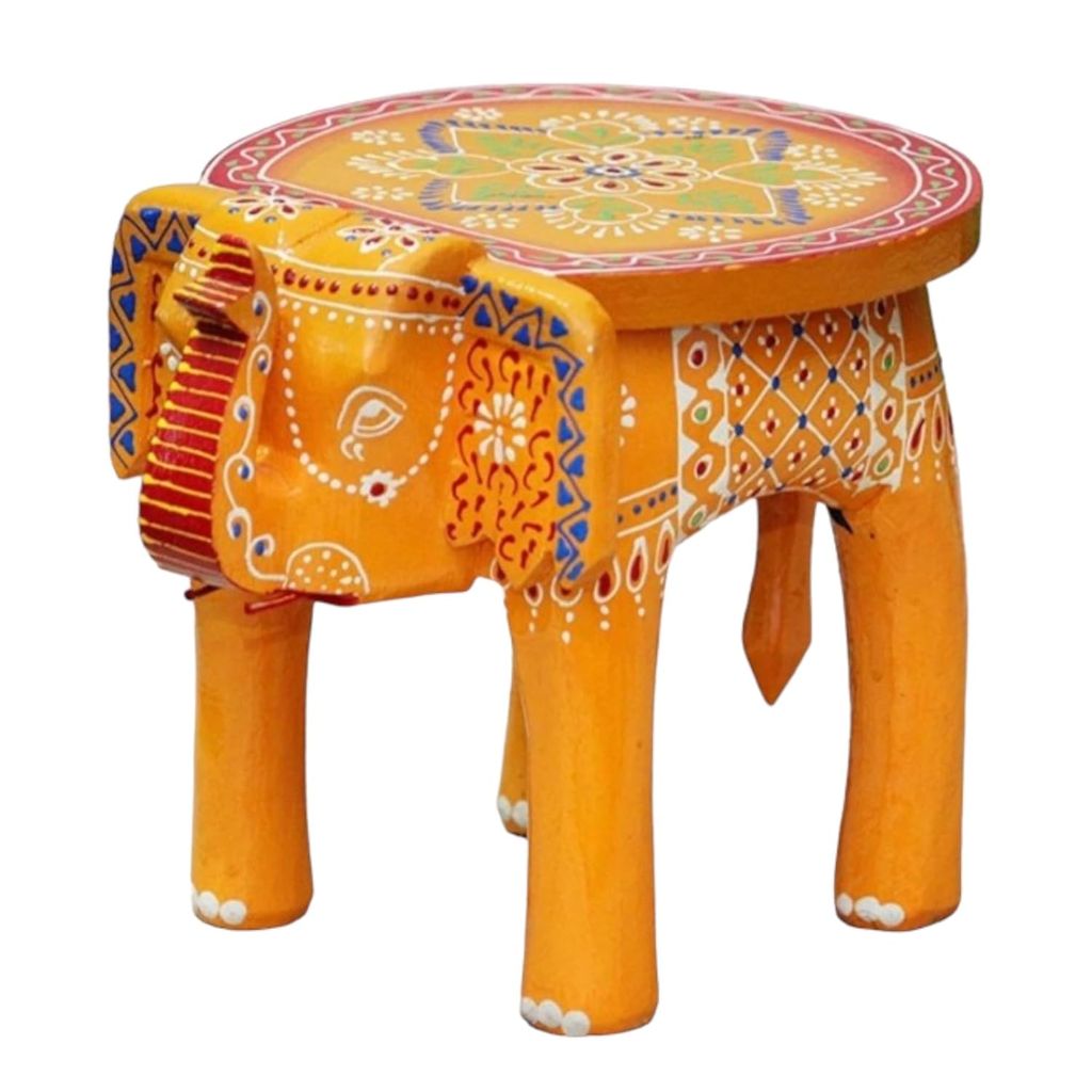 Hitesh Handicrafts - Hand-Crafted and Emboss Colorful Painted Round Wooden Elephant Shape Stool for Home/Office/Living or Bedroom Decor,Decorative Showpiece (8 Inches Height, Yellow) view 2