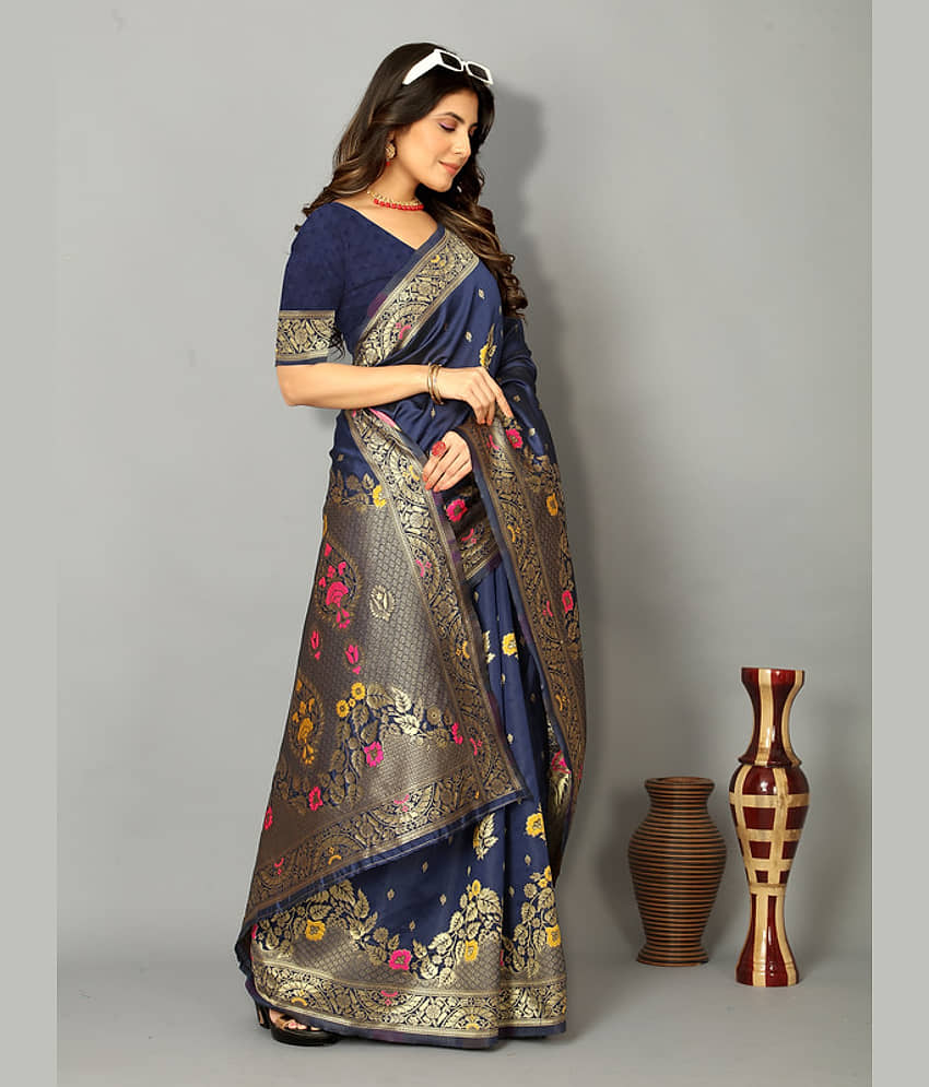 Indesa Banarasi Silk Woven Saree With Unstitched Blouse Piece ( Blue ) view 2