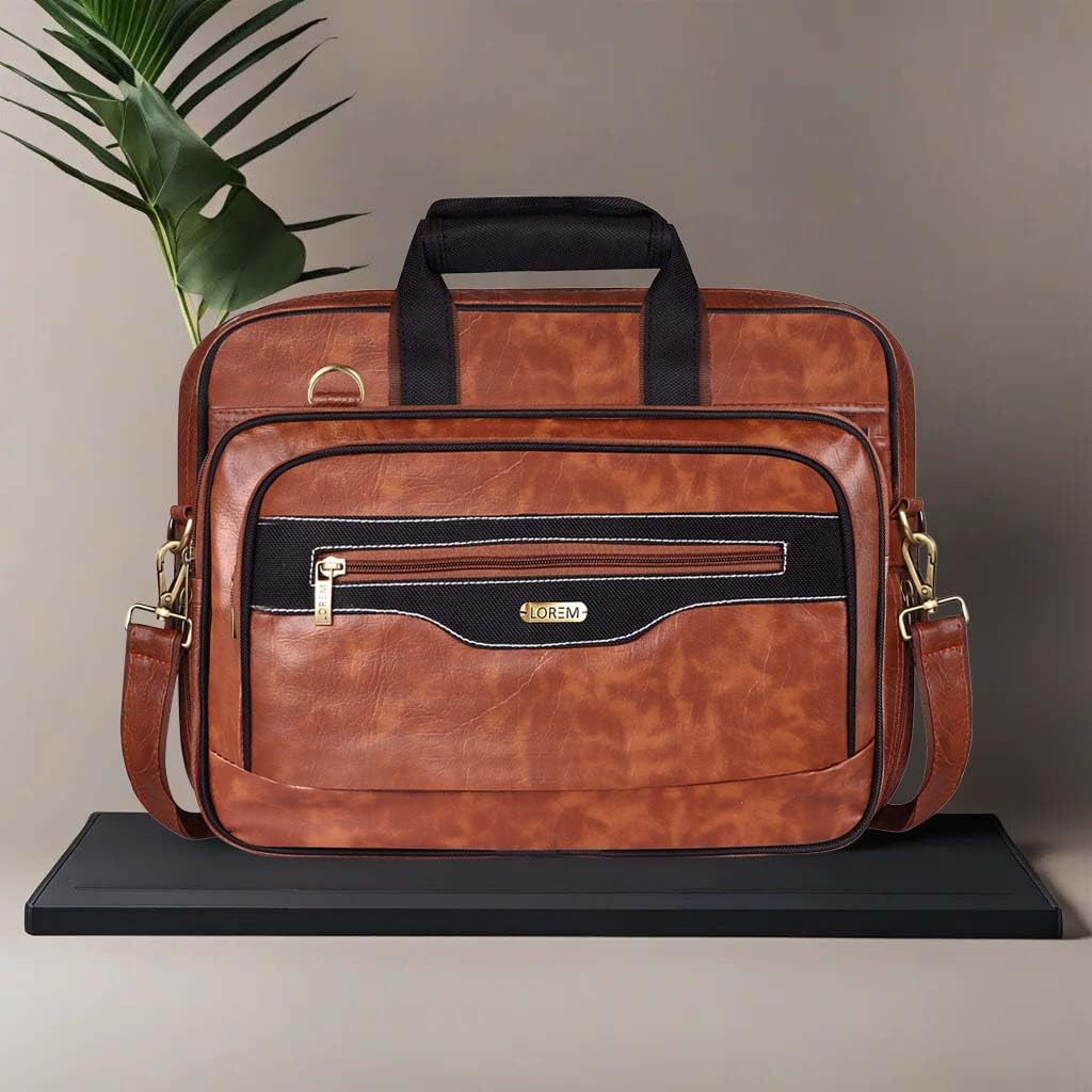 LOREM Tan & Black Color Faux Leather 28L Laptop Messenger Bag For Men BG102 view 2
