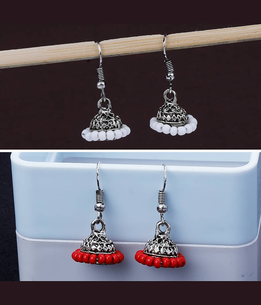 Silver Shine - Maroon Jhumki Earrings ( Pack of 2 ) view 2