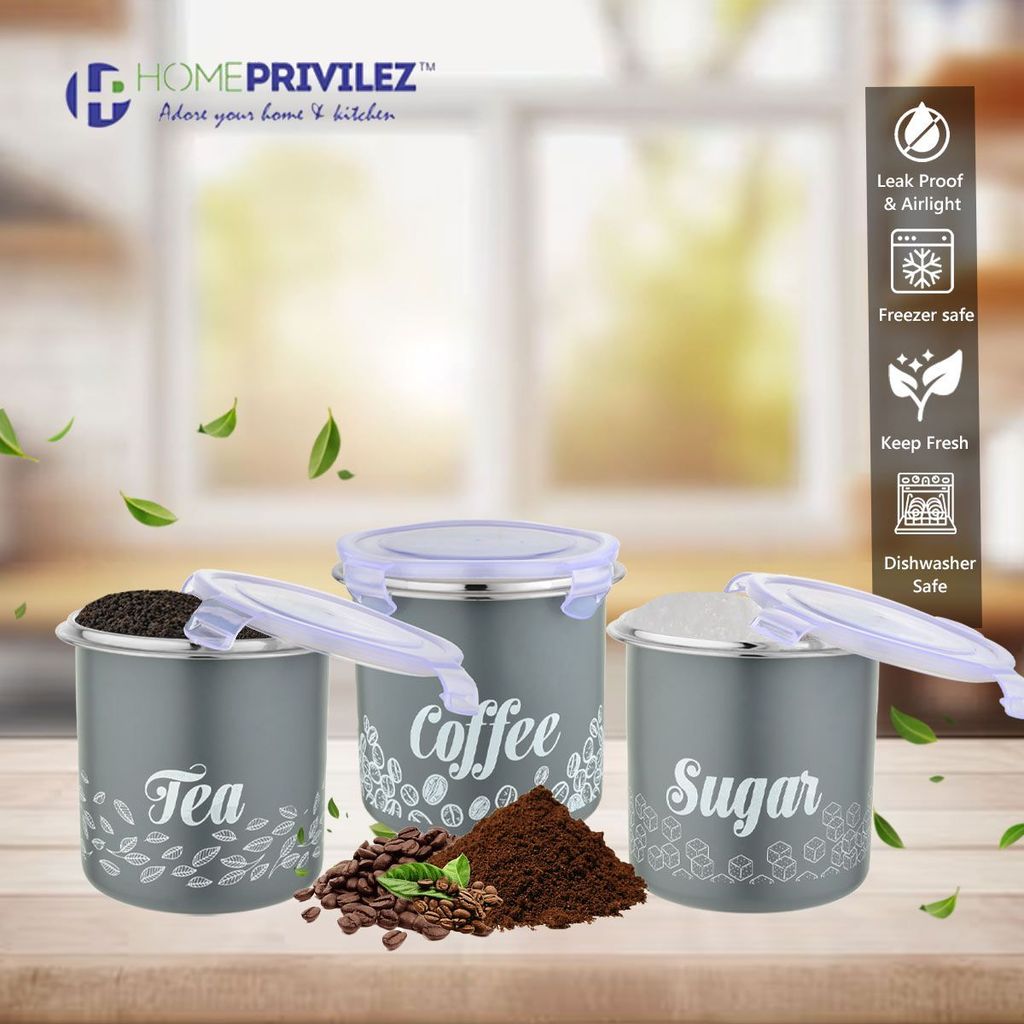 “Flip & Seal “Stainless Steel Air Tight Storage Container- Tea, Coffee & Sugar Set of 3 in Grey colour(1350mLx3) view 2