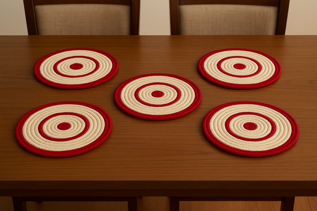 Handwoven Maroon & Beige Round Decorative Coasters (Pack of 5) view 2