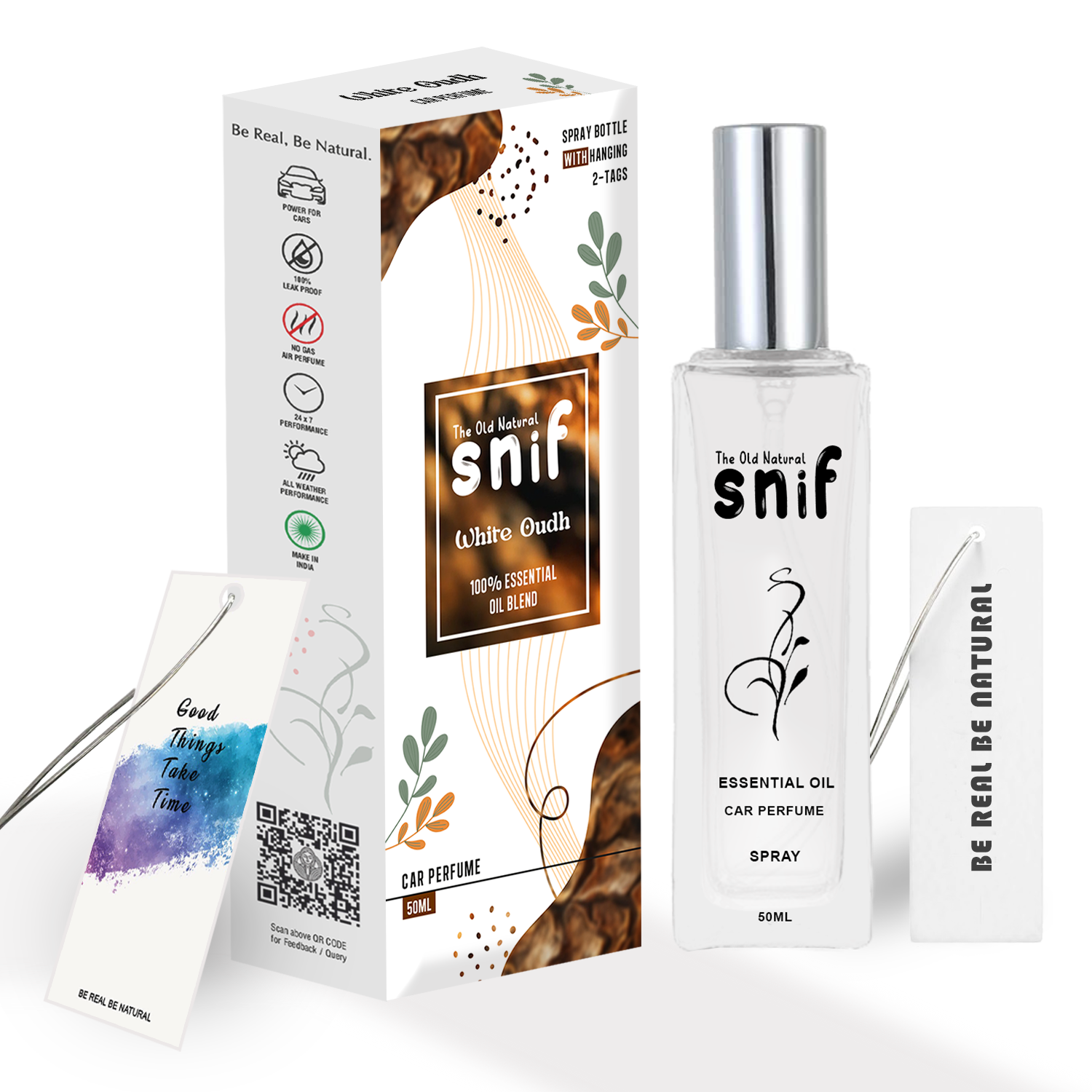 The Old Natural Spray Car Perfumes with Essential Oils Fragrance in Glass bottle with 2 Hanging Tags | Car Air Fresheners 50ml (White Oudh)