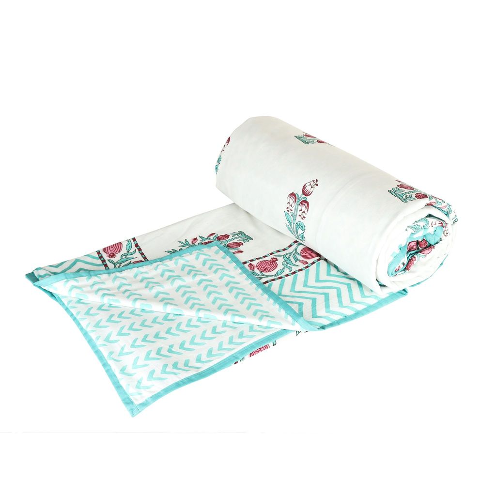 Block Printed Cotton Blanket - Double Dohar ( 90 x 108 Inches) - Red Green Anar view 2