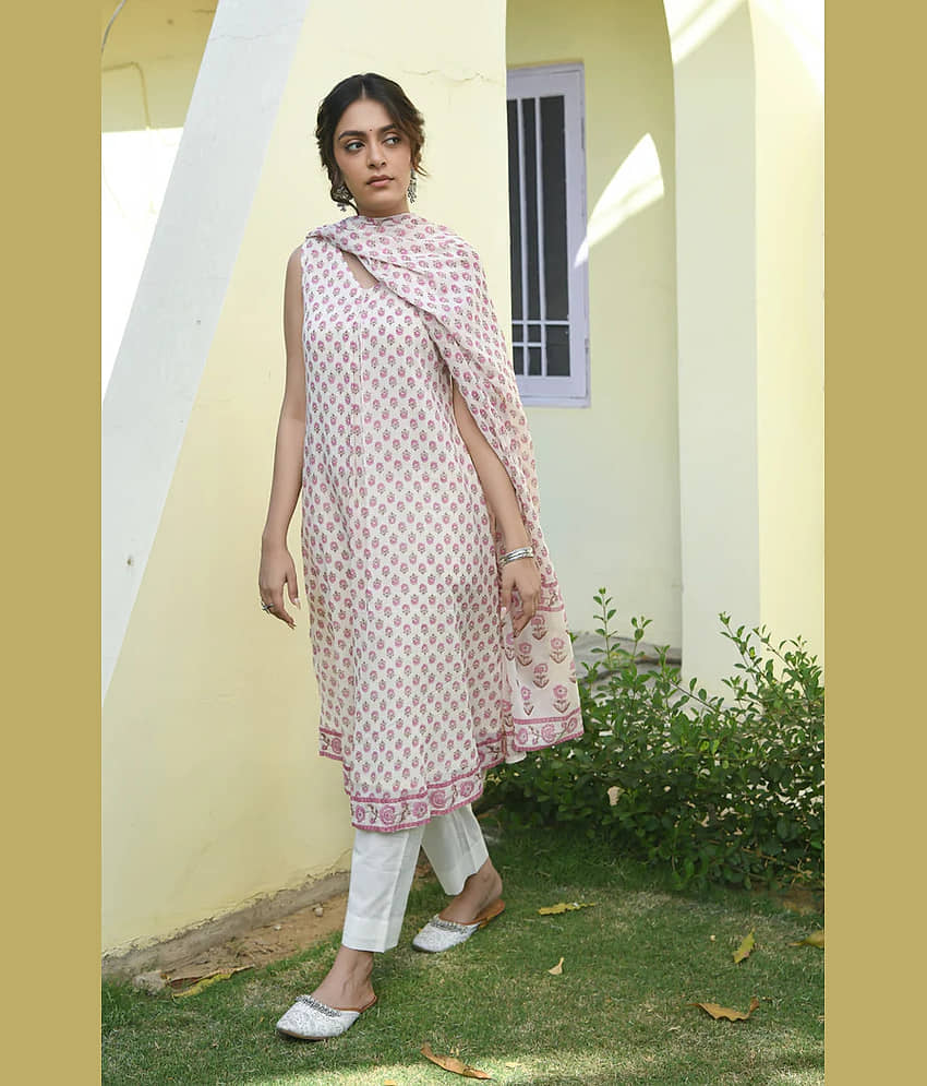 Shivaradhya designers Women Cotton Printed A-line Kurti With Pants ( Off White ) view 2