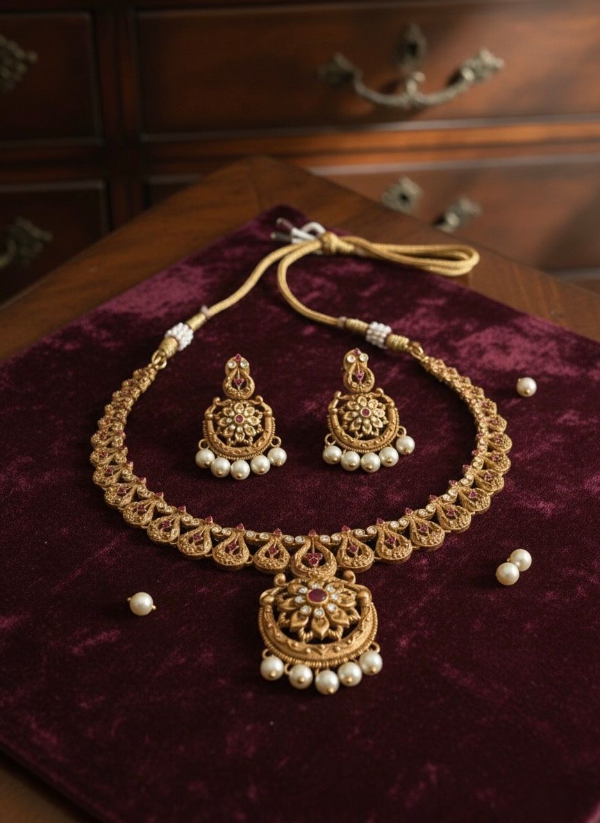 Glamvila Matte Finish Temple Style Jewellery Set view 2