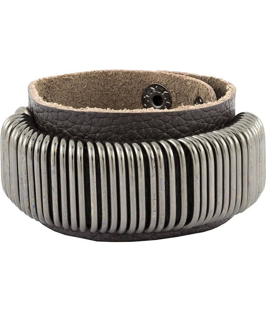 The Jewelbox Accents Biker Punk Funky 100% Genuine Handcrafted Black Leather Wrist Band Bracelet Men Boys view 2