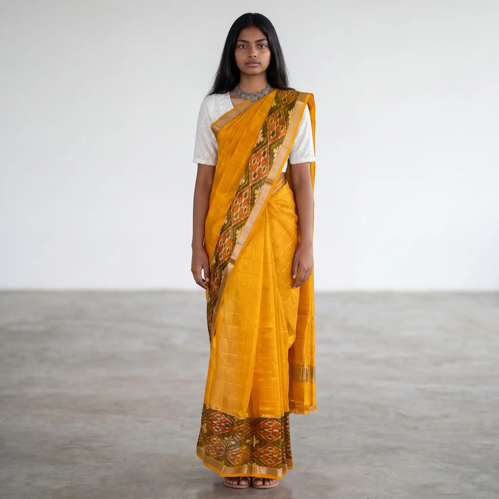 Mangalgiri Ikat Pallu Mustard Silk Cotton Saree