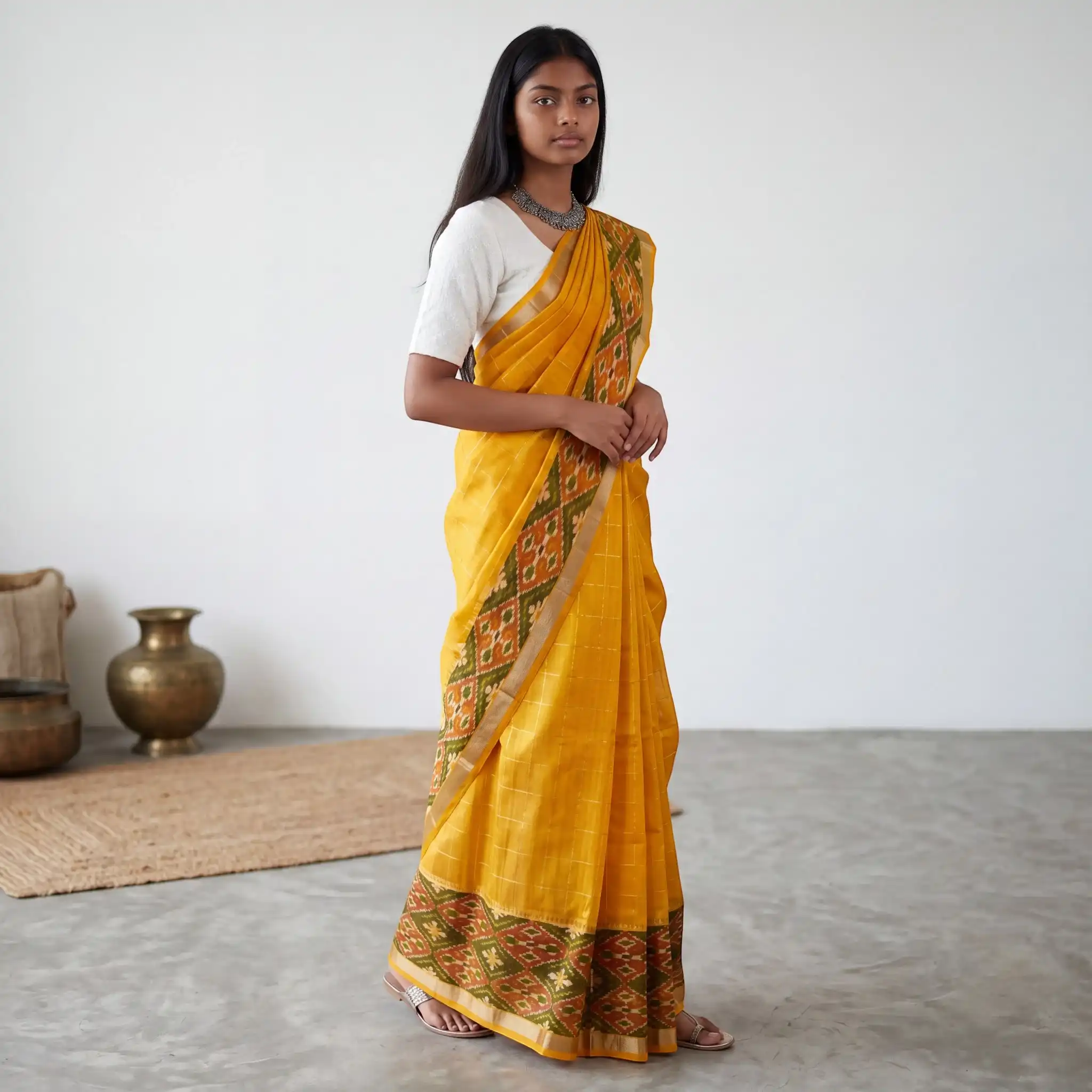 Mangalgiri Ikat Pallu Mustard Silk Cotton Saree view 2