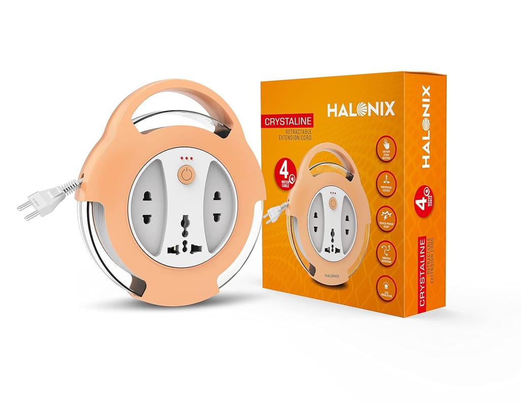 Crystaline Retractable Extension Cord with Universal Socket, Shock Proof Body,Led Indicator, 4 Meter Cord (Orange) view 2