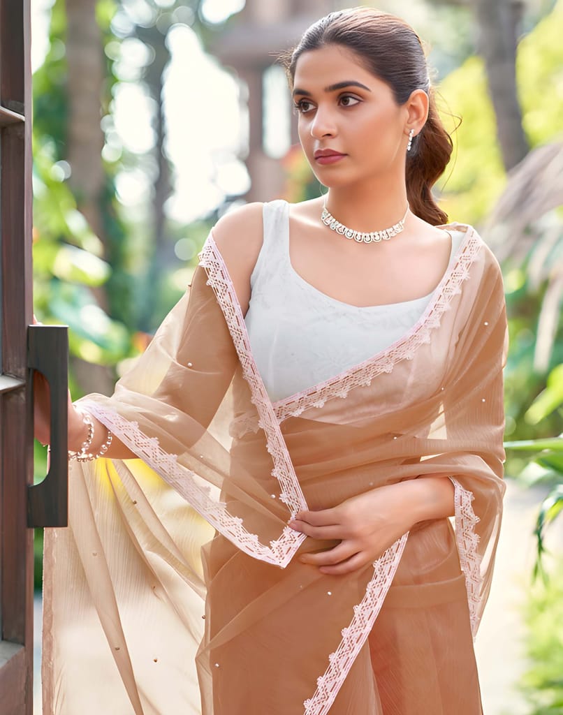 WUGO Women's Beige Organza Saree with White Lace Border | Elegant Party Wear, Wedding, Festive & Designer Saree with Unstitched Blouse Piece view 2