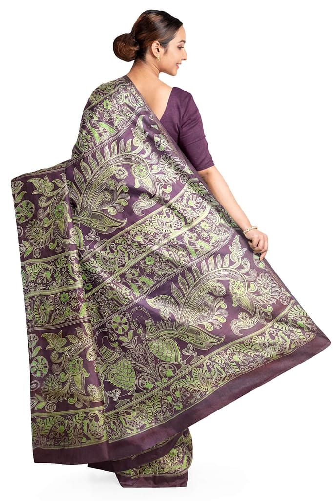 Pure silk saree in dark wine & green with peacock motifs in satin weave view 2