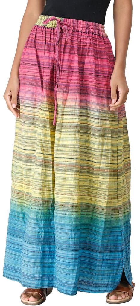 Green-Sheen Long Summer Skirt with Stripes Woven in Multi-Color Thread and Dori on Waist view 2