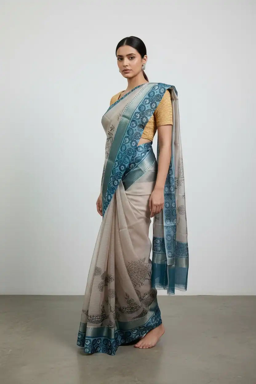 Kota Doria Cotton-Silk Saree, Block-Printed Peacocks with Zari Border